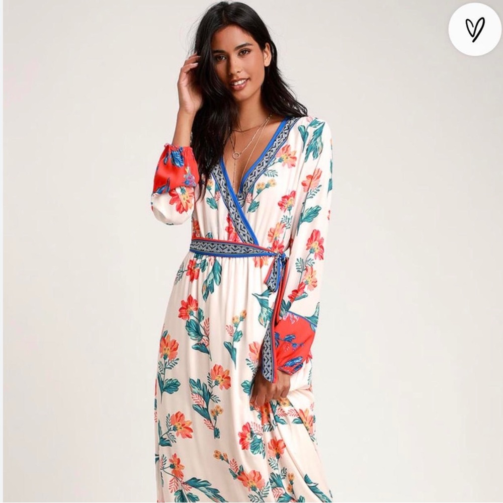 Lulus Cream Sunrise to The Occasion Cream Multi Print Long Sleeve Wrap Dress